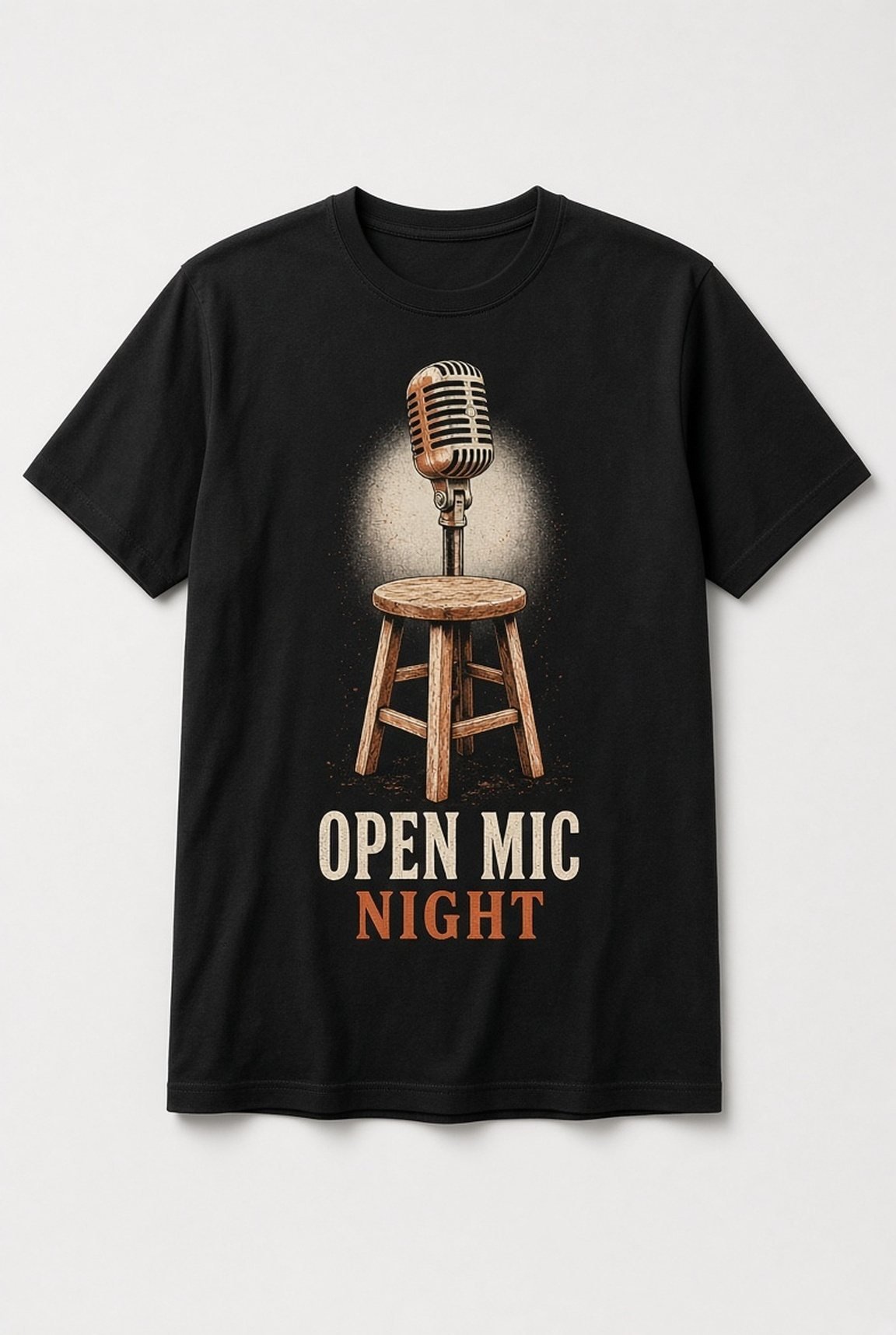 Open Mic Night Vintage Microphone unisex t-shirt in black with vintage microphone on a wooden stool in a spotlight