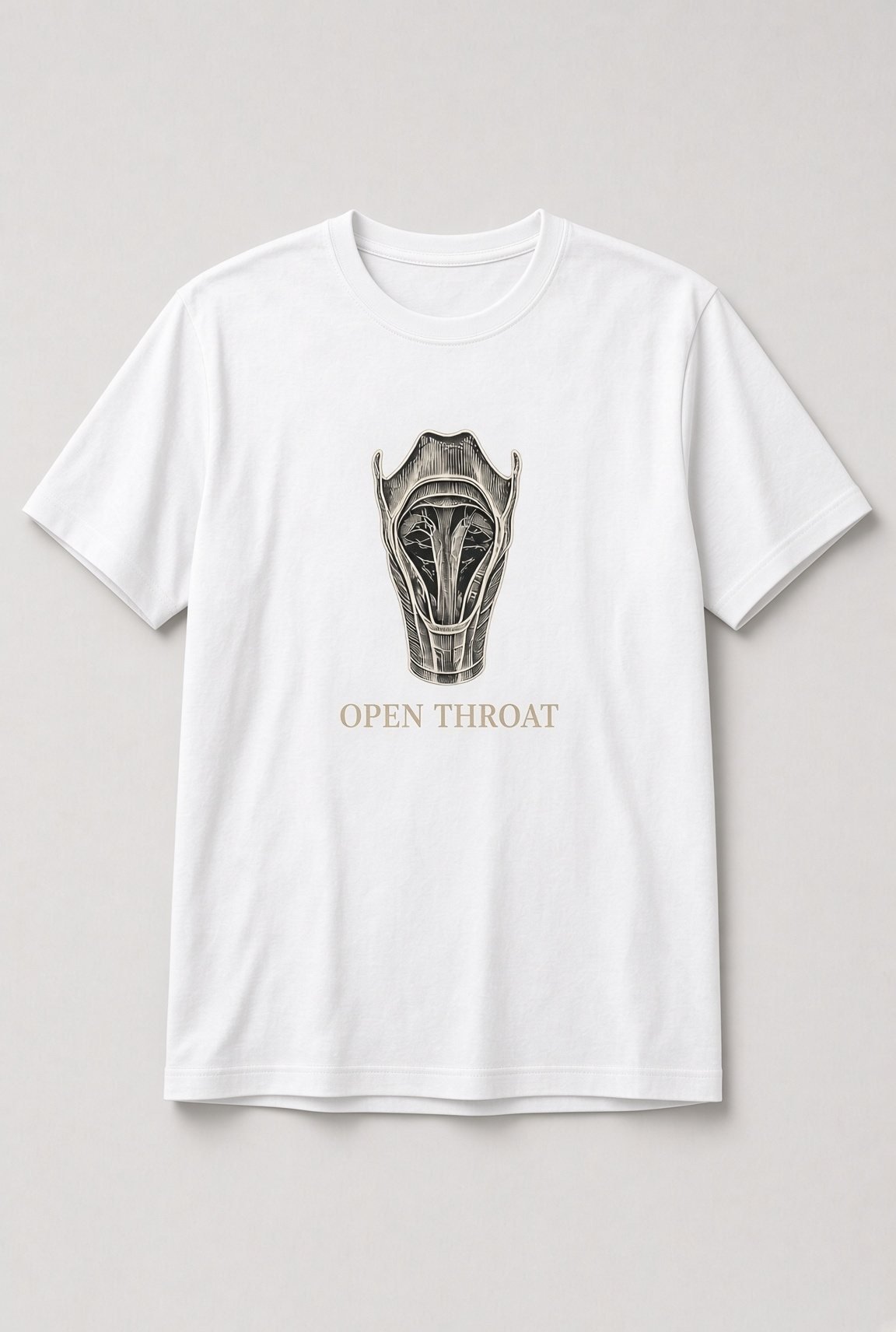 Open Throat Vocal Anatomy unisex t-shirt in white with vintage anatomical larynx engraving